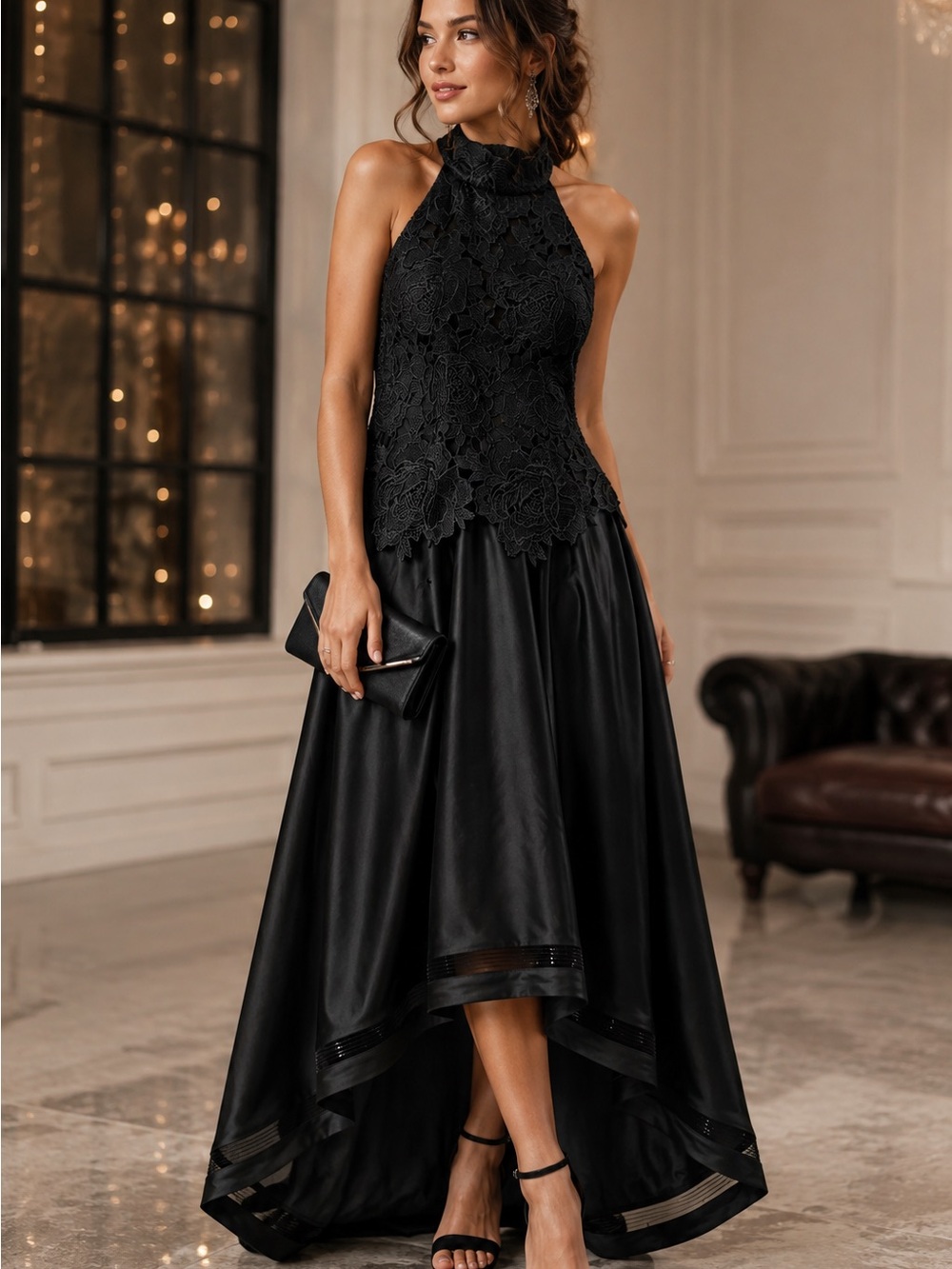 Avery G Black Lace Halter High-Low Formal Dress Floral Applique Evening Gown 6 *